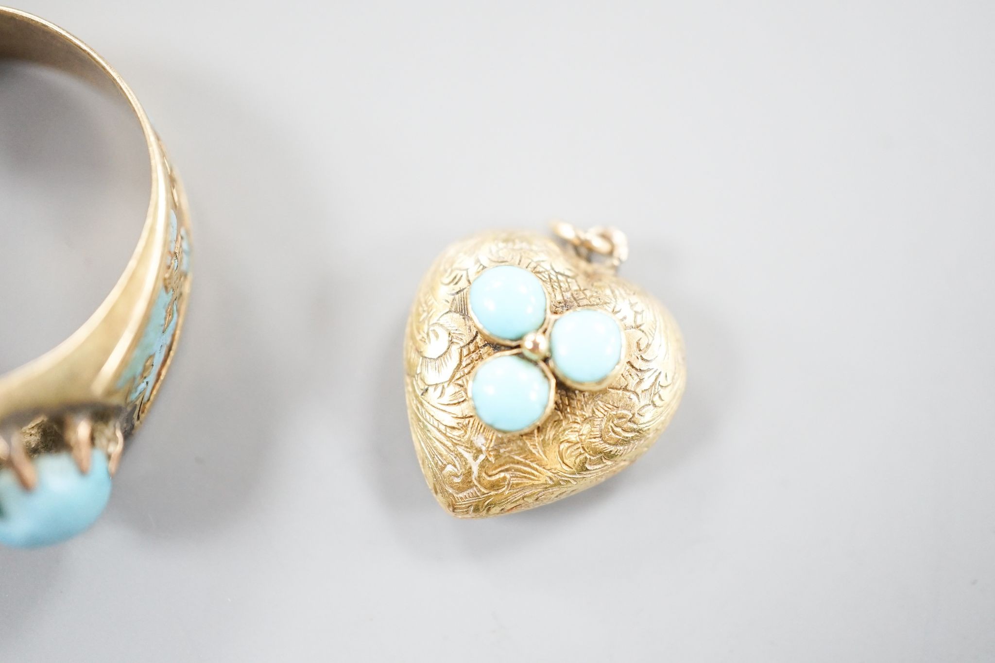 An antique yellow metal, turquoise and enamel set ring, size U/V, and a Victorian yellow metal and turquoise pendant, gross weight 6.3 grams.